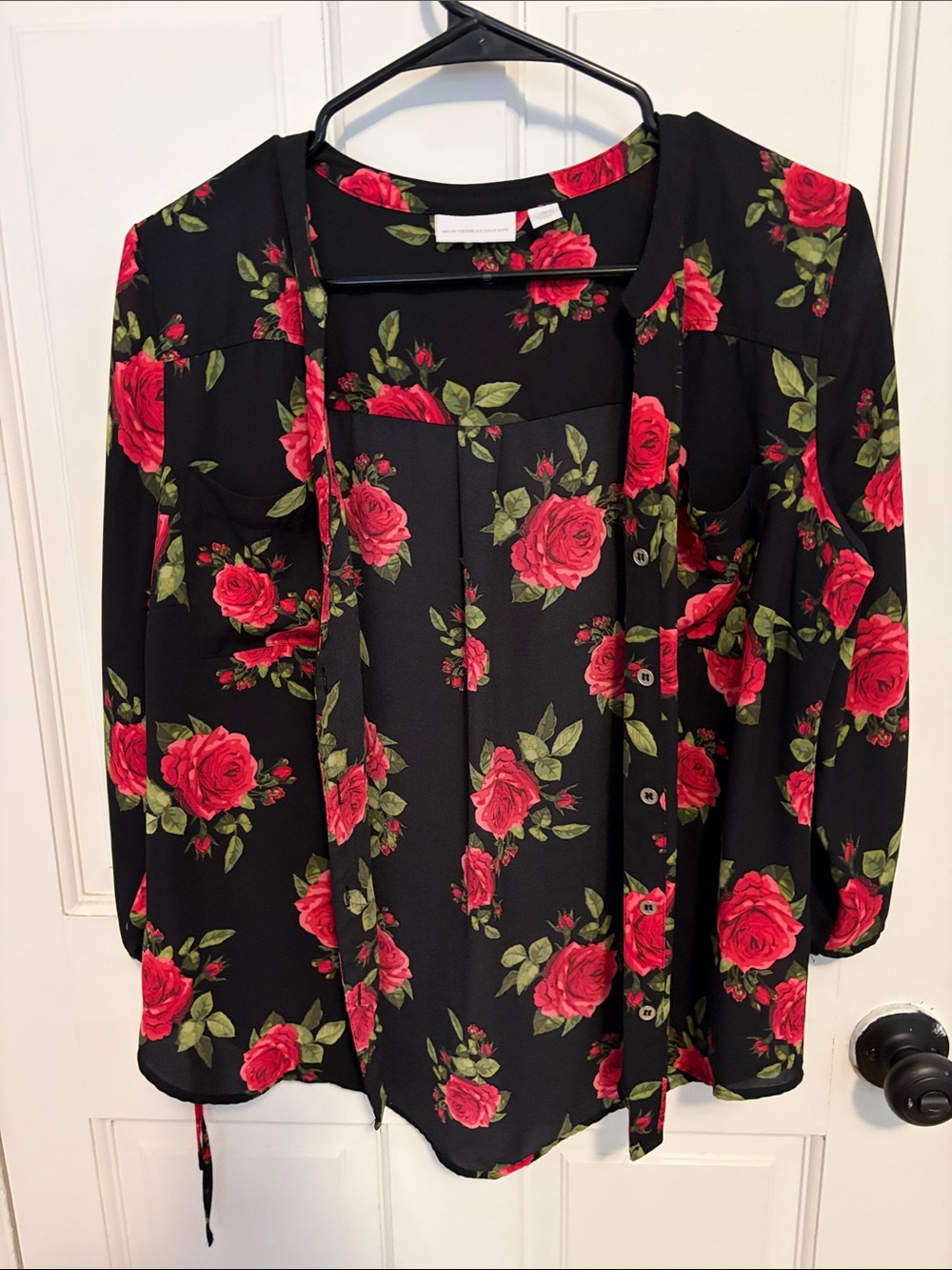 New York & Company Black Button-Front Floral Blouse with Tie